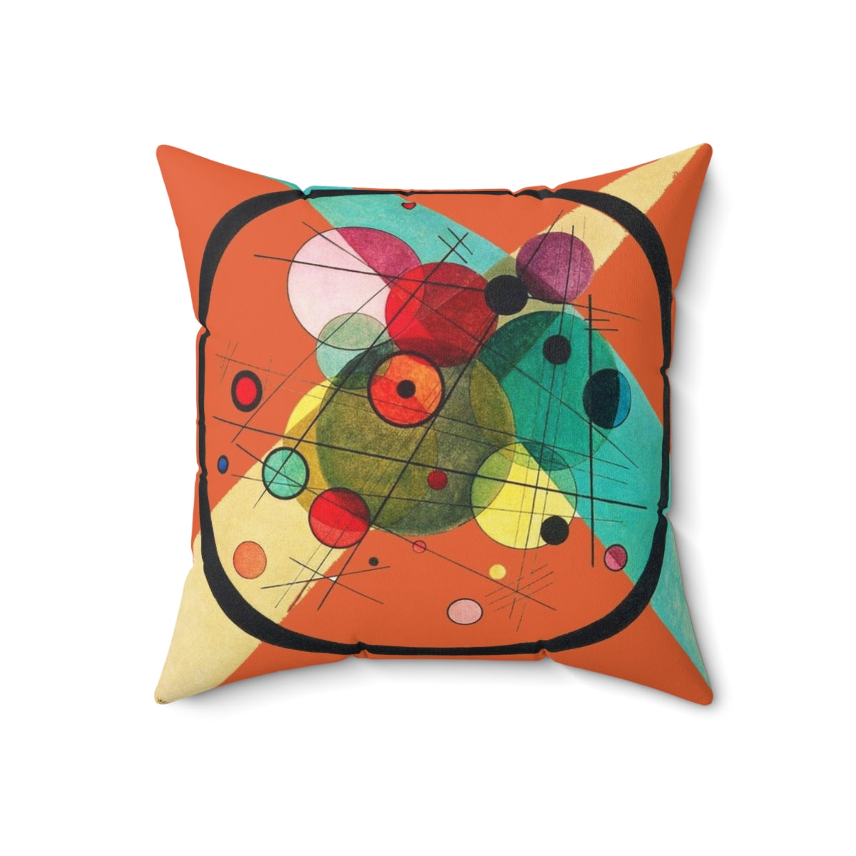 Decorative pillow featuring an abstract circle pattern inspired by the iconic artwork of Wassily Kandinsky. - Back