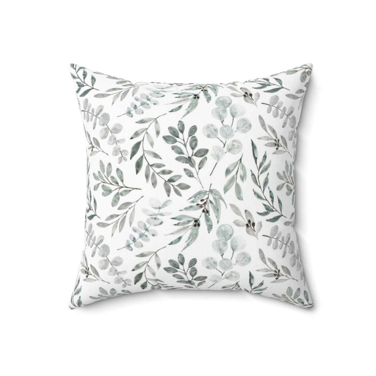 Watercolor painting of green eucalyptus leaves on a decorative pillow cover - Back