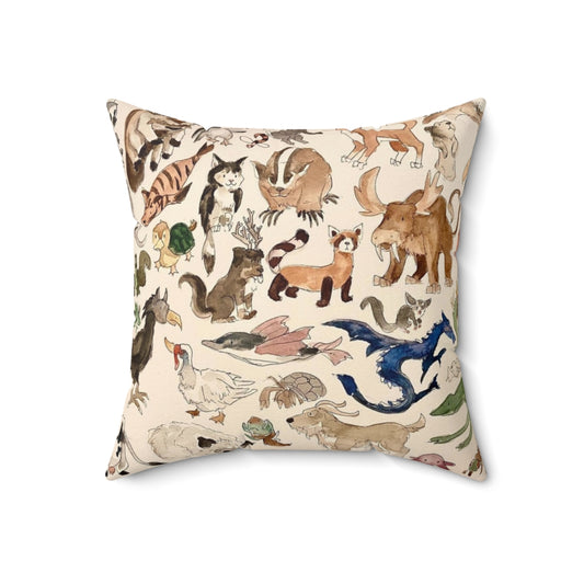 Decorative pillow featuring watercolor illustrations of Appa, Momo, and turtle ducks from the Avatar: The Last Airbender TV series.