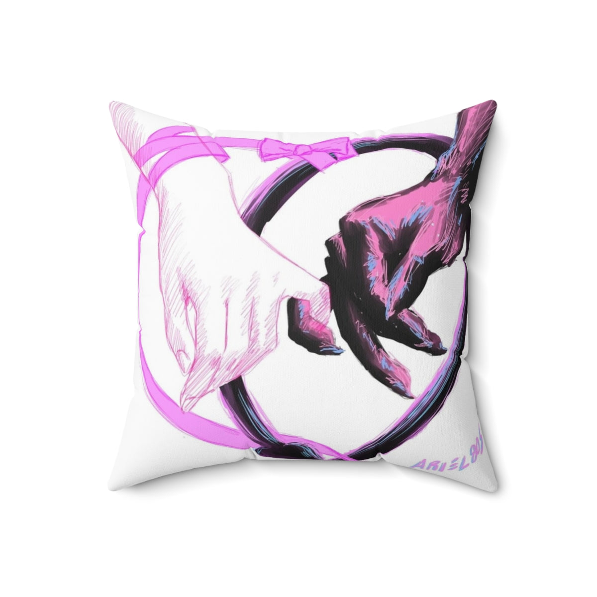 A soft, pastel-colored pillow with a detailed, hand-drawn demon illustration. - Back