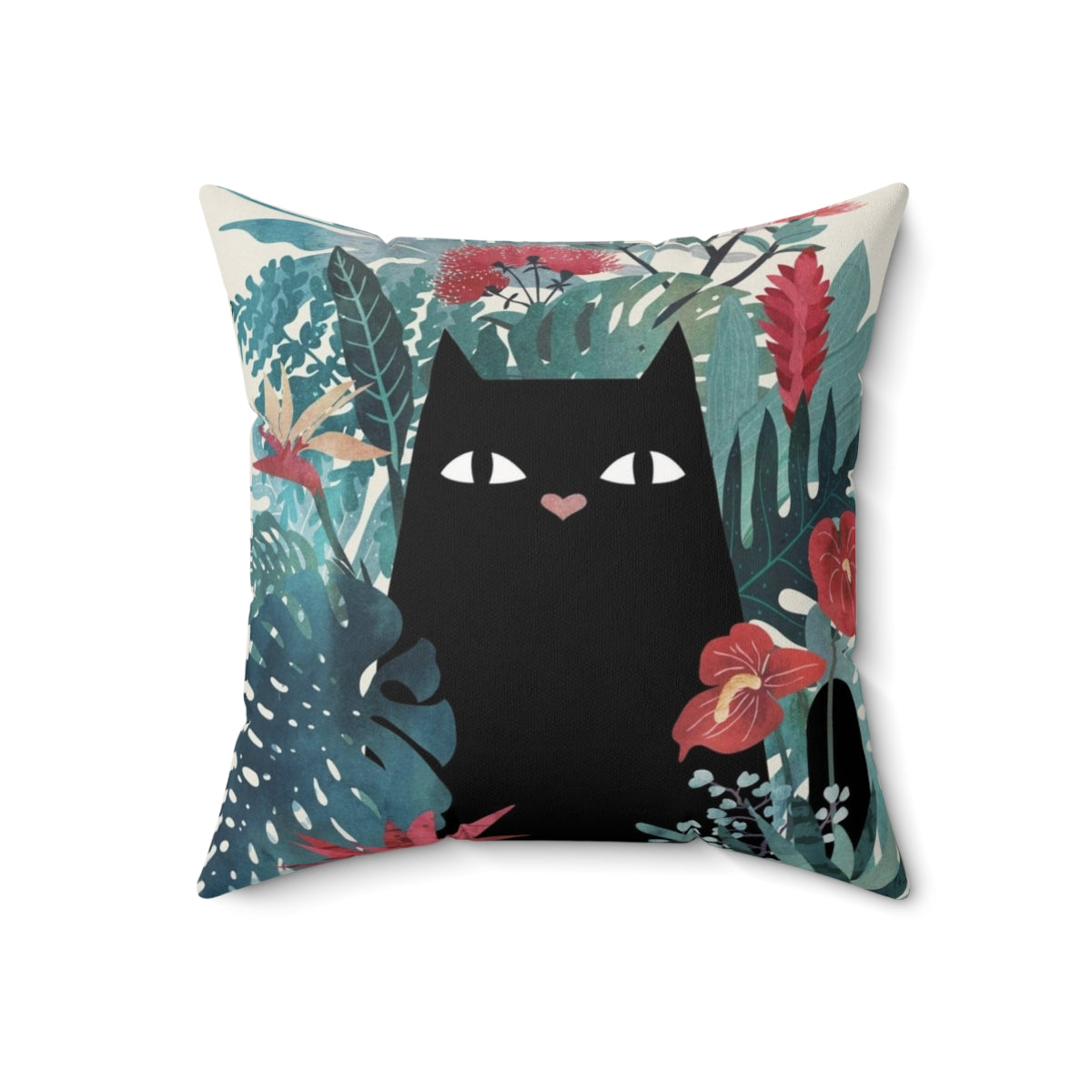 Soft and plush Popoki Pillow featuring a charming black cat design in a tropical paradise setting.