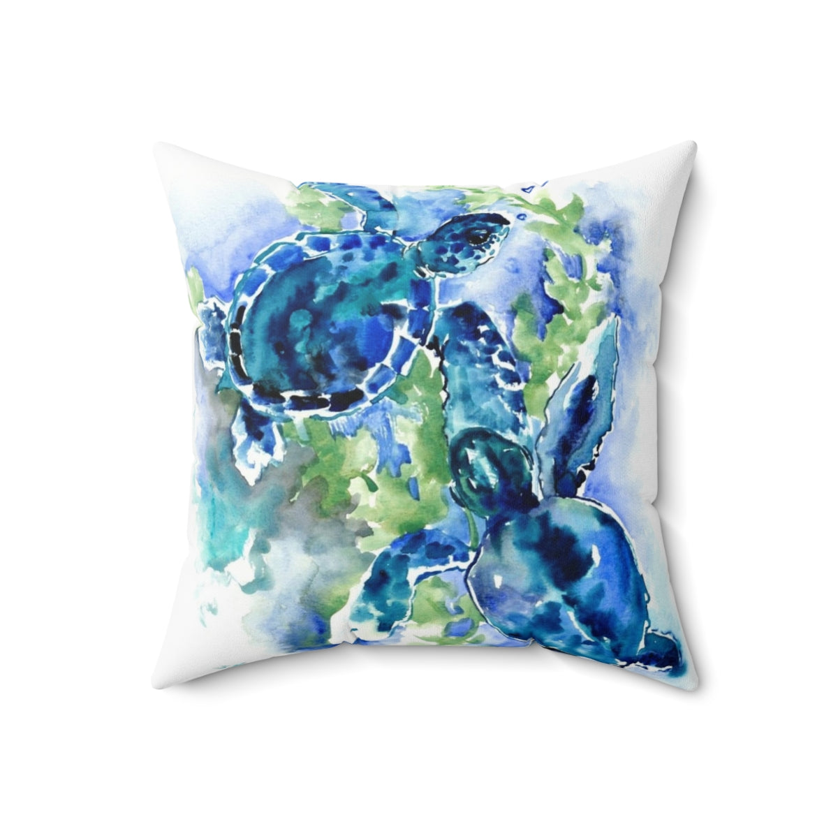 Turquoise blue pillow with a vibrant sea turtle design - Back