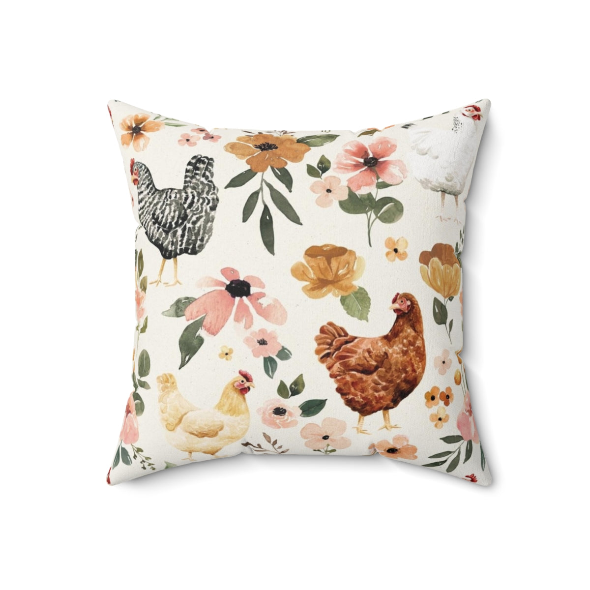 Watercolor Chicken Floral Farmhouse Pillow