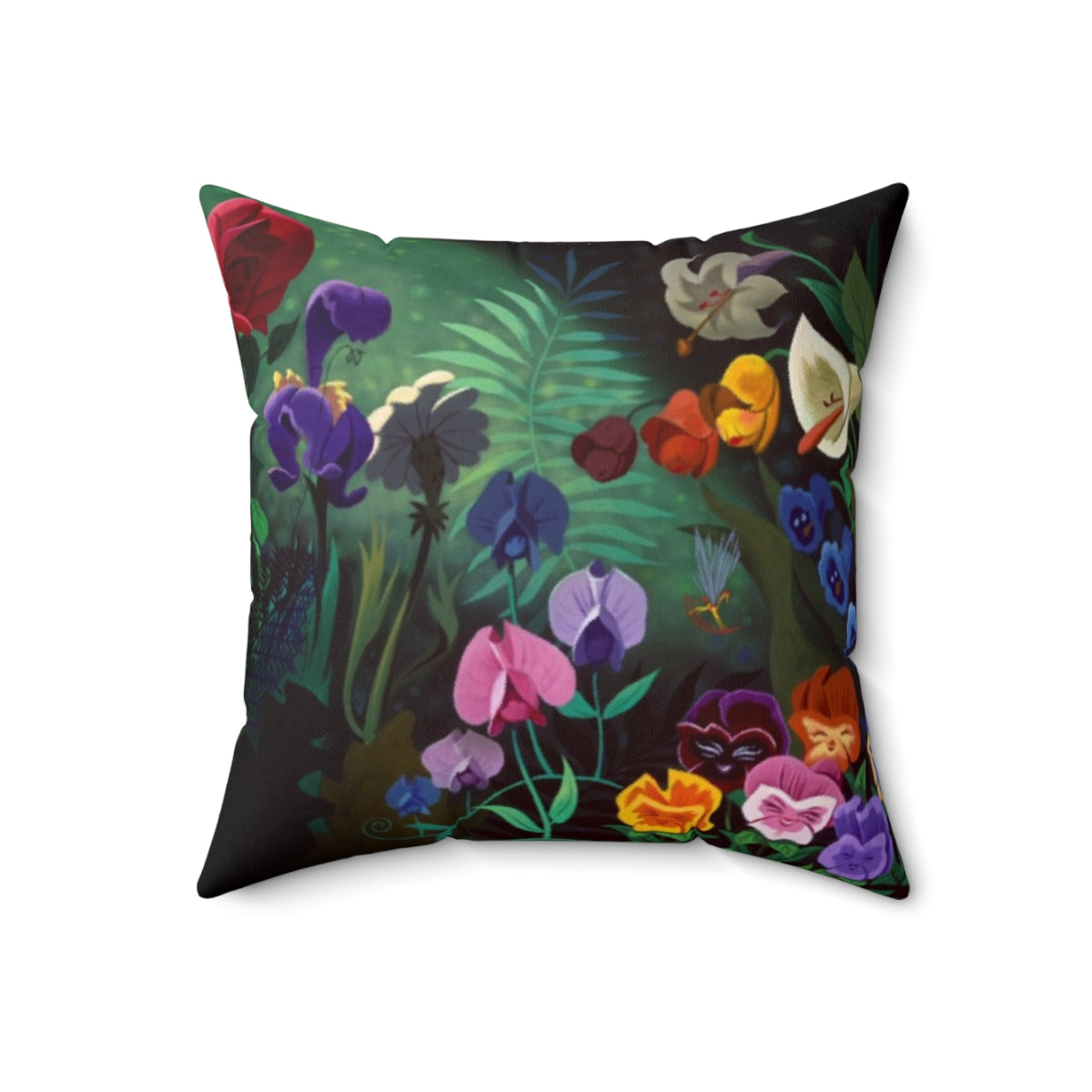 Whimsical Alice in Wonderland-themed decorative throw pillow with floral design