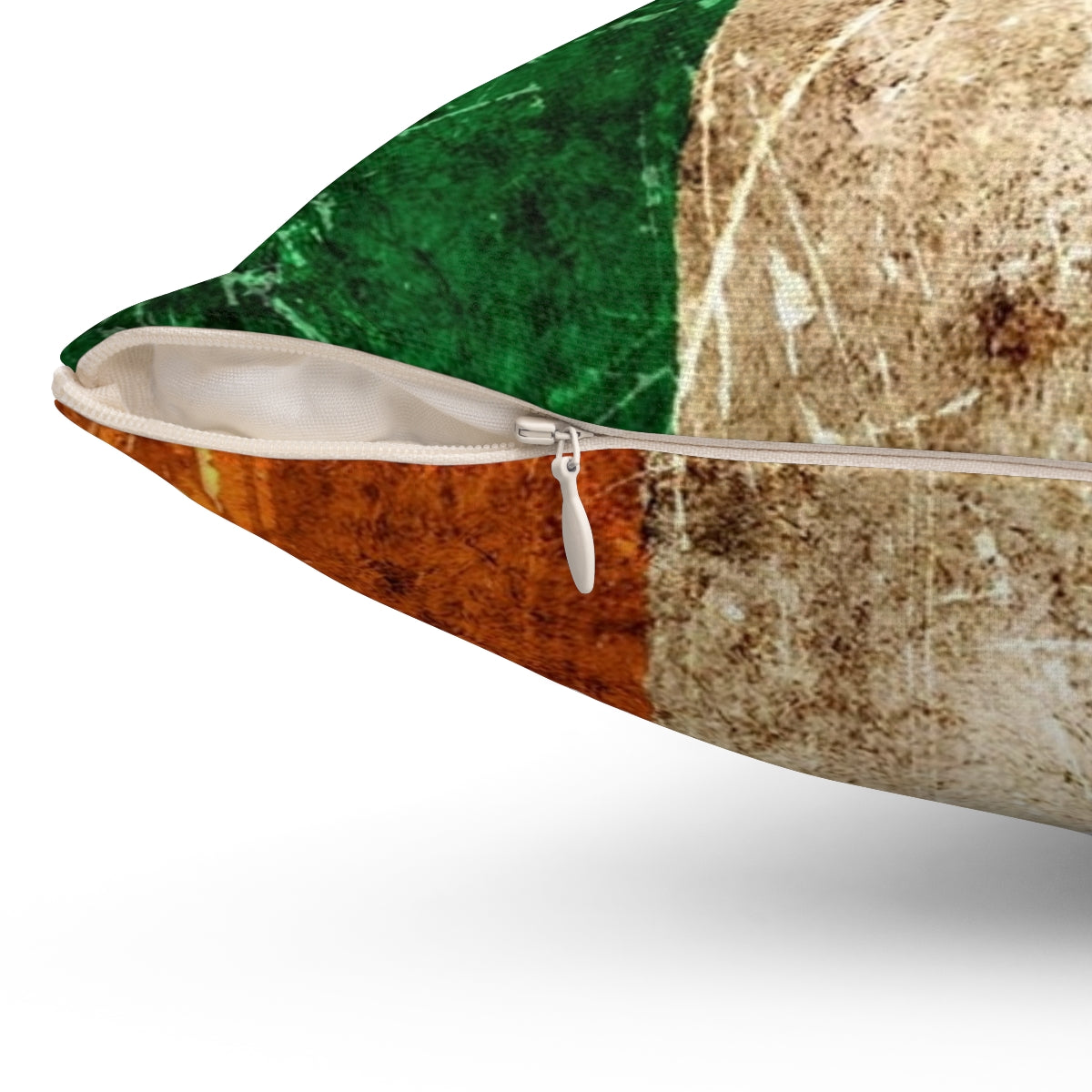 Vintage-style distressed Irish flag printed on a throw pillow - Detail