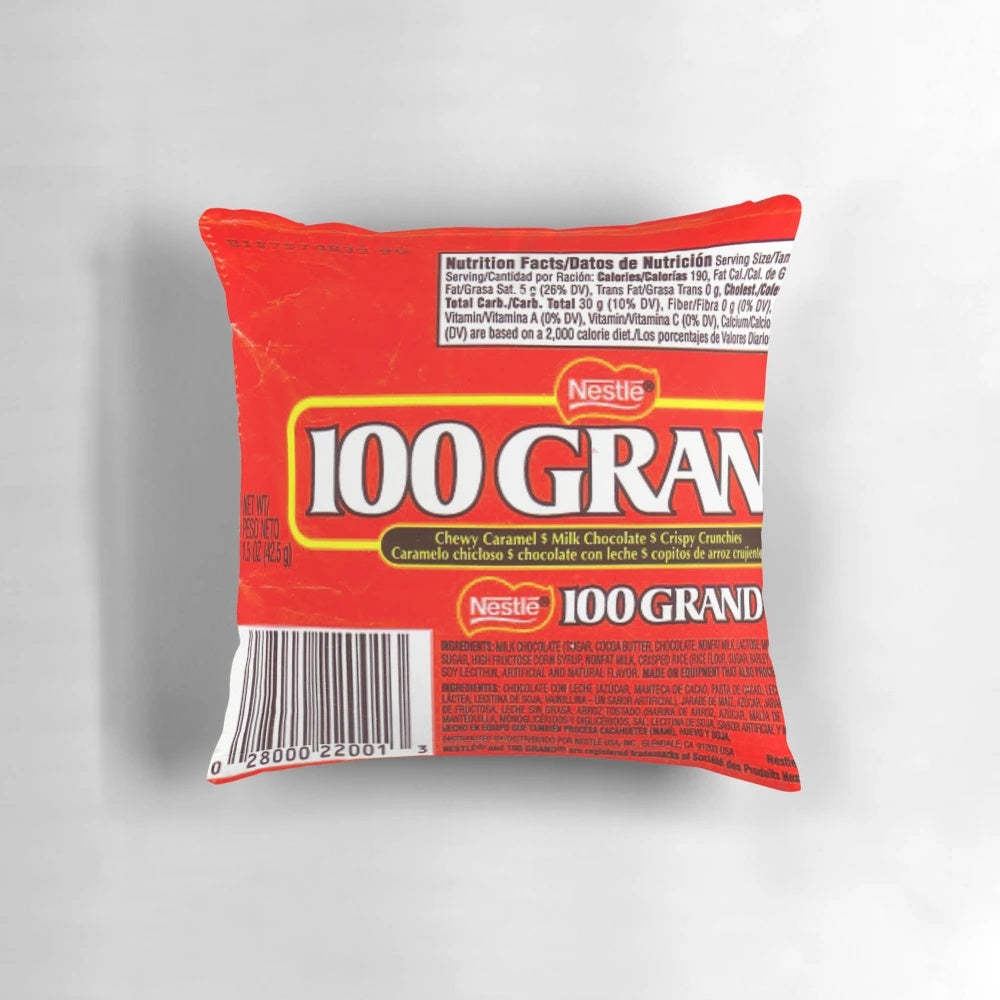 100 Grand chocolate bar inspired pillow, a nostalgic and delicious decor piece for chocolate lovers.