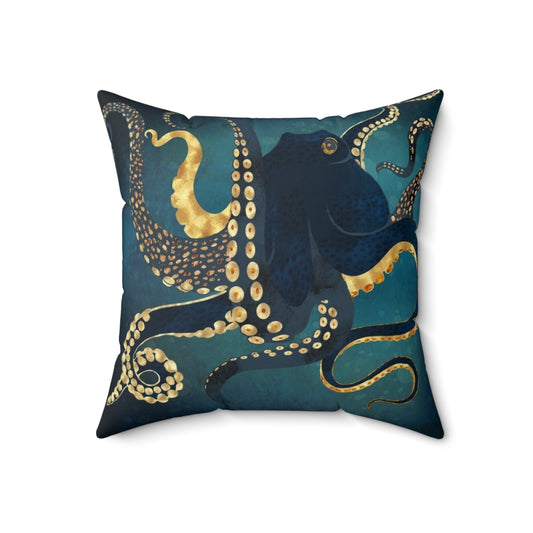 Metallic octopus-themed decorative pillow with blue, gold, bronze, and copper accents