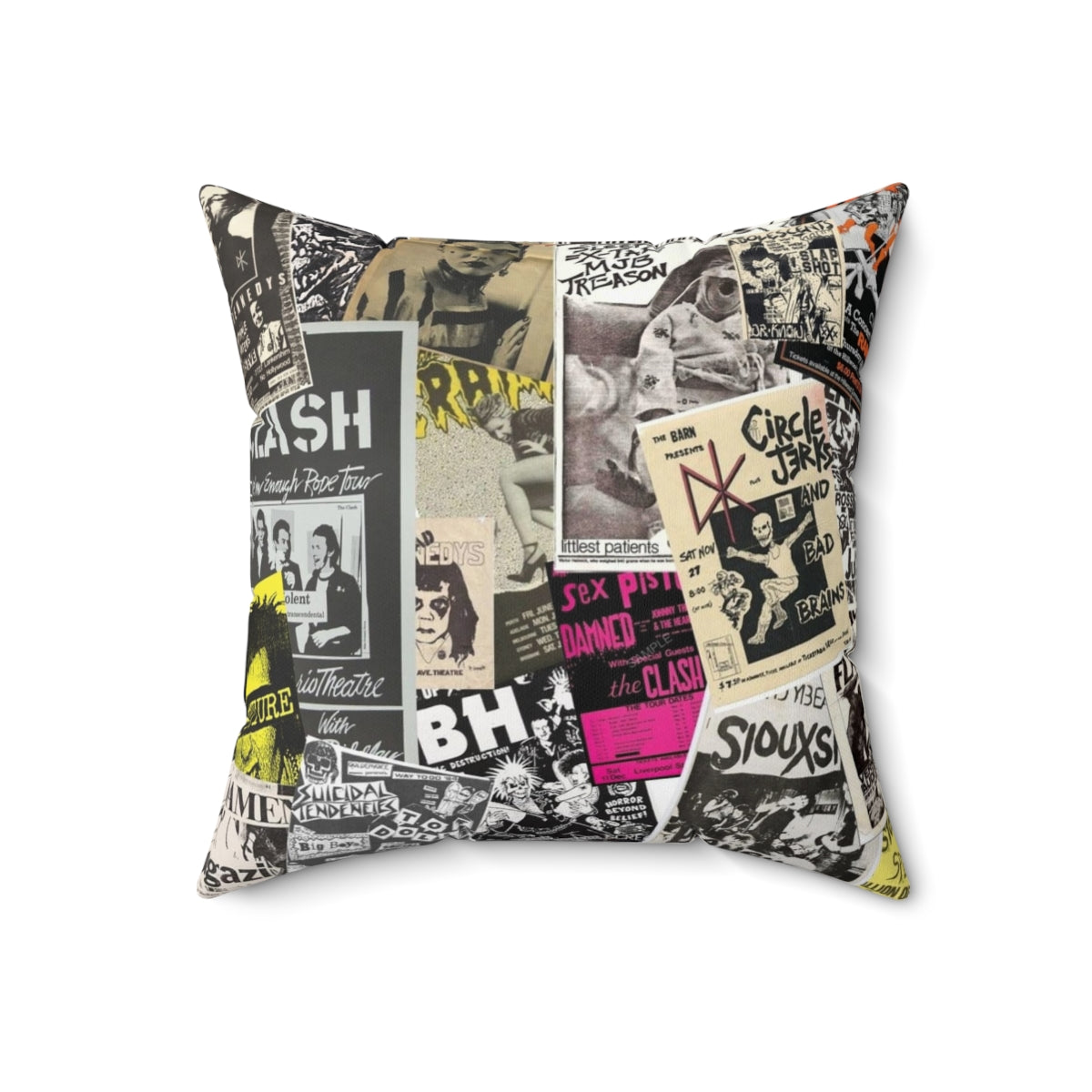 Vintage punk rock flyers collage printed on a soft, comfortable pillow. - Back