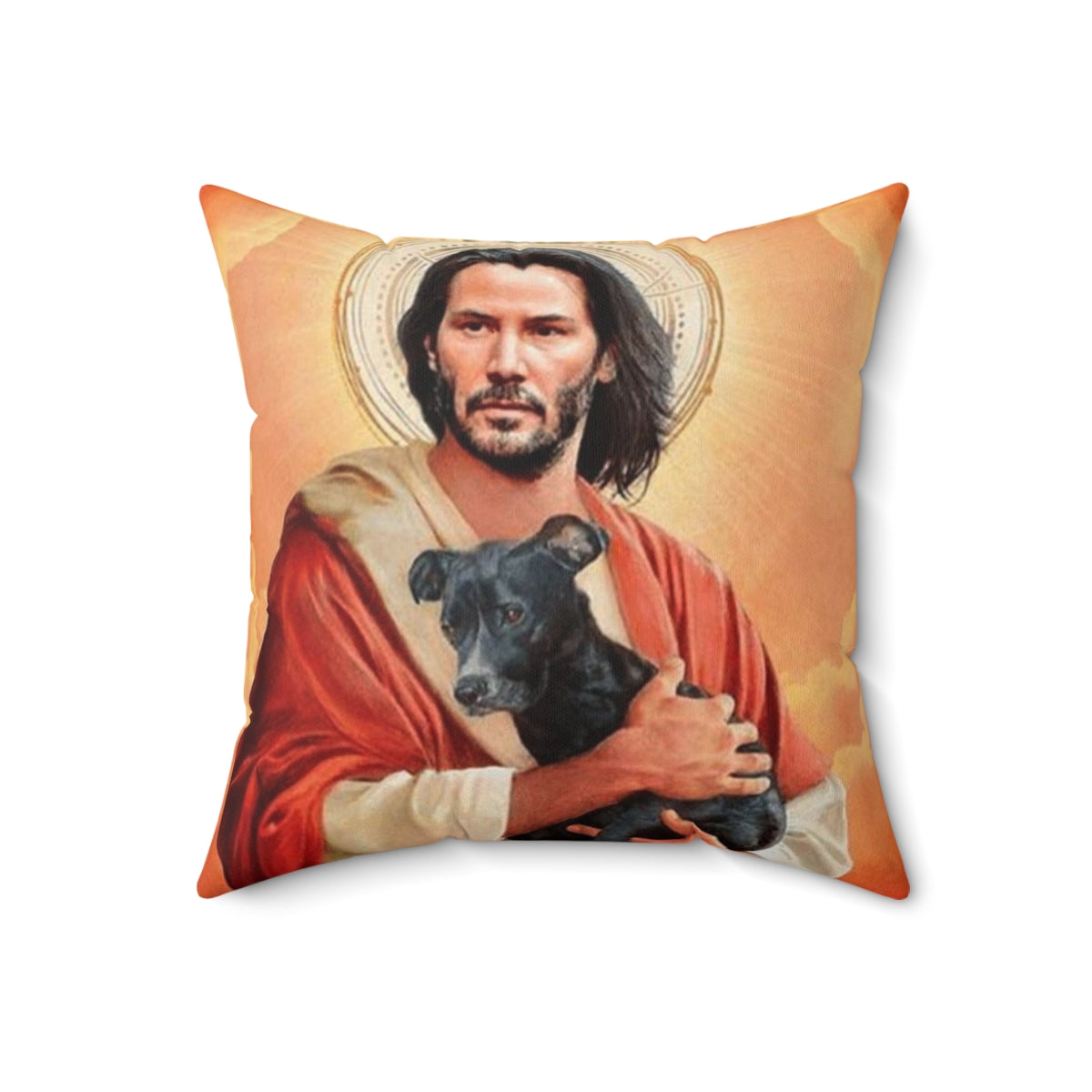 Keanu Reeves-inspired throw pillow with a humorous depiction of Jesus Christ and a dog