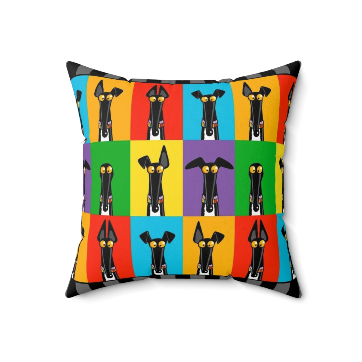 Cartoon illustration of a greyhound dog making semaphore signals on a decorative pillow with a border - Back