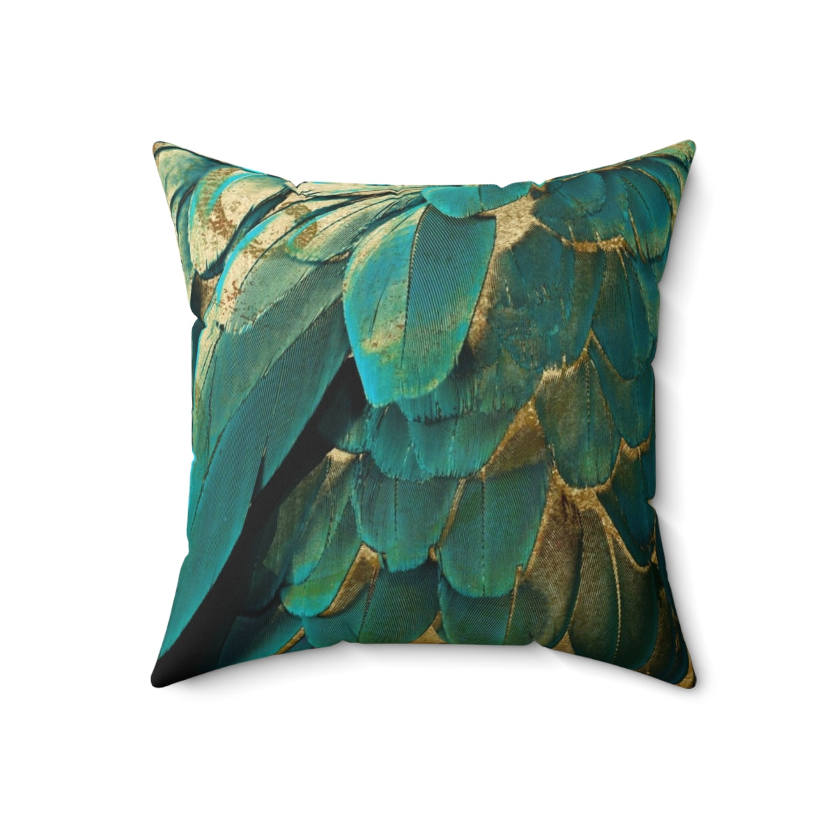 Teal and gold feather-adorned accent pillow for home decor