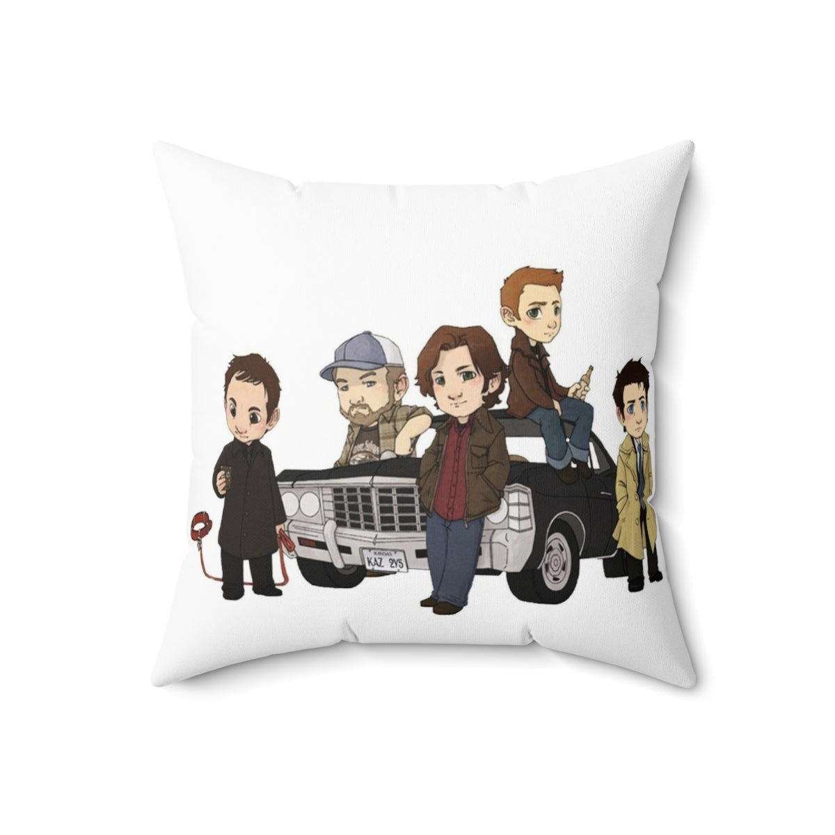 Supernatural-themed cartoon design throw pillow with Winchester brothers and other characters