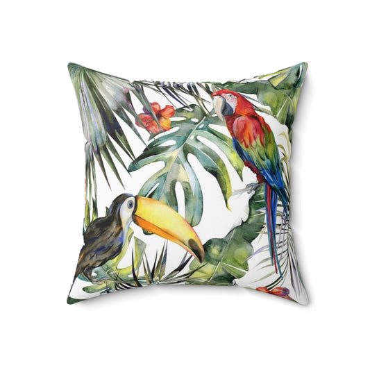 A vibrant throw pillow featuring a tropical jungle scene with watercolor birds, leaves, and flowers.