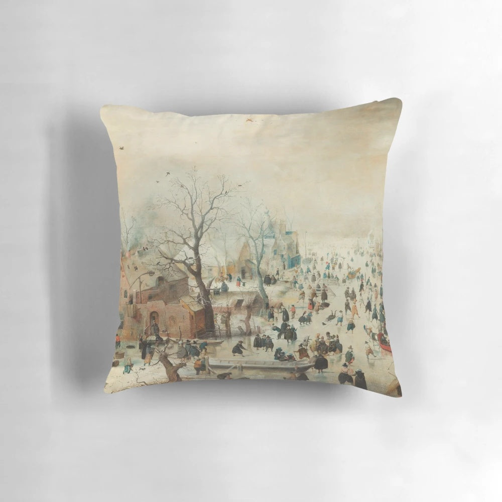 A serene winter landscape painting depicting ice skaters on a frozen river, created by the renowned Dutch artist Hendrick Avercamp in the early 1600s.
