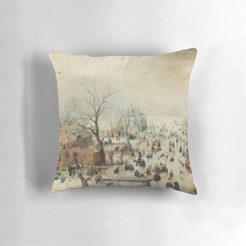 A serene winter landscape painting depicting ice skaters on a frozen river, created by the renowned Dutch artist Hendrick Avercamp in the early 1600s.