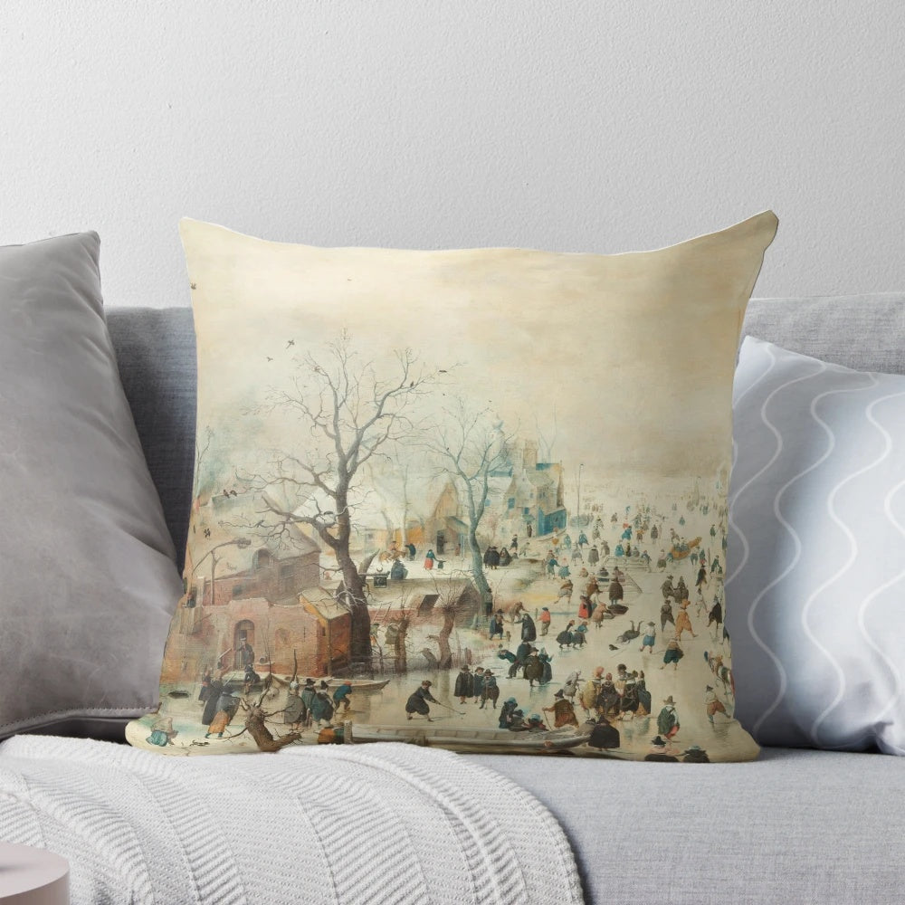 A serene winter landscape painting depicting ice skaters on a frozen river, created by the renowned Dutch artist Hendrick Avercamp in the early 1600s.