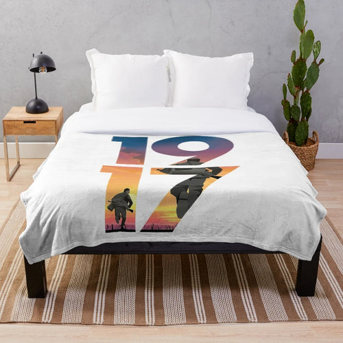 1917 inspired plush blanket with retro cinema and soldier design