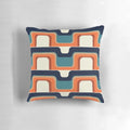 1970s inspired orange and blue throw pillow with a retro futurism wave pattern design