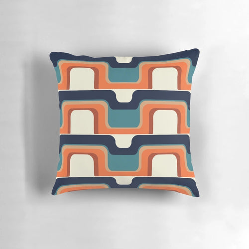 1970s inspired orange and blue throw pillow with a retro futurism wave pattern design