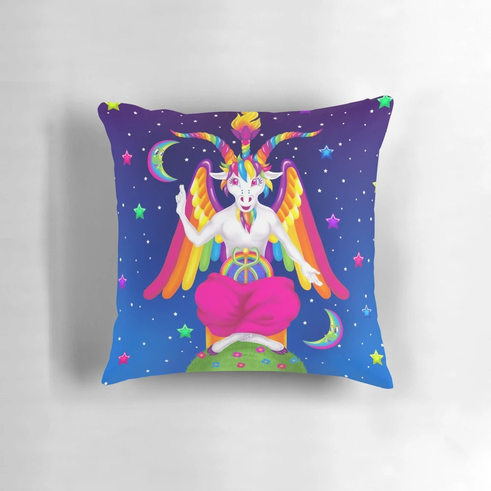 Vibrant 1990s neon pillow design featuring the iconic Baphomet symbol