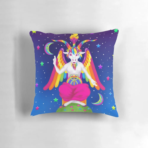 Vibrant 1990s neon pillow design featuring the iconic Baphomet symbol