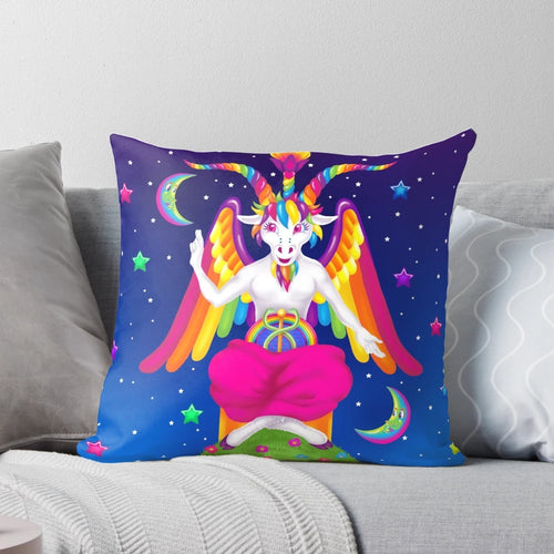 Vibrant 1990s neon pillow design featuring the iconic Baphomet symbol