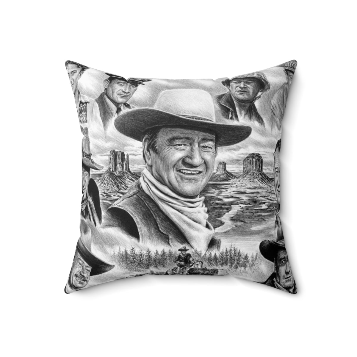 A collage pillow featuring the iconic image of American actor John Wayne, known as "The Duke." - Back