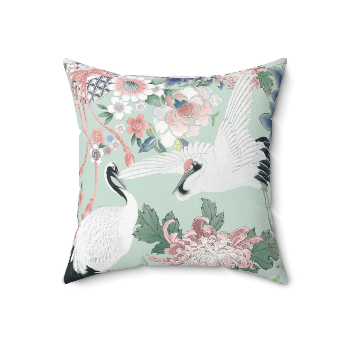 Elegant chinoiserie-inspired floral watercolor design on a soft, decorative pillow