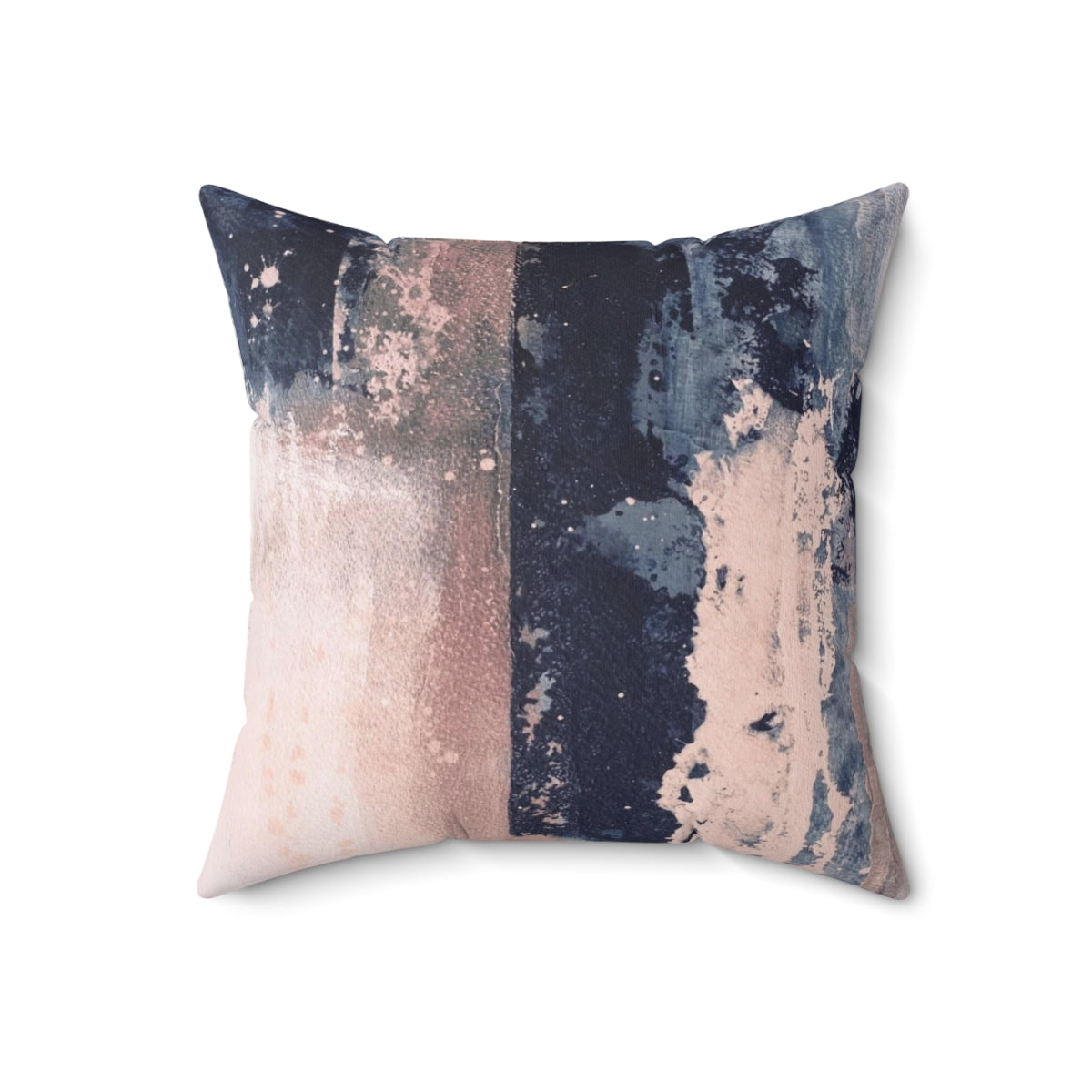 Horizontal abstract art pillow in shades of blush pink and navy blue, featuring brushstrokes and a modern, industrial-style design.