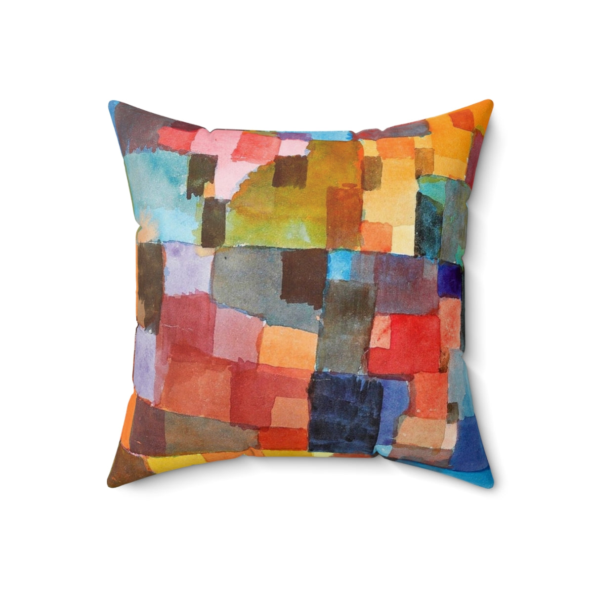 Colorful decorative pillow featuring abstract architectural design in the style of artist Paul Klee