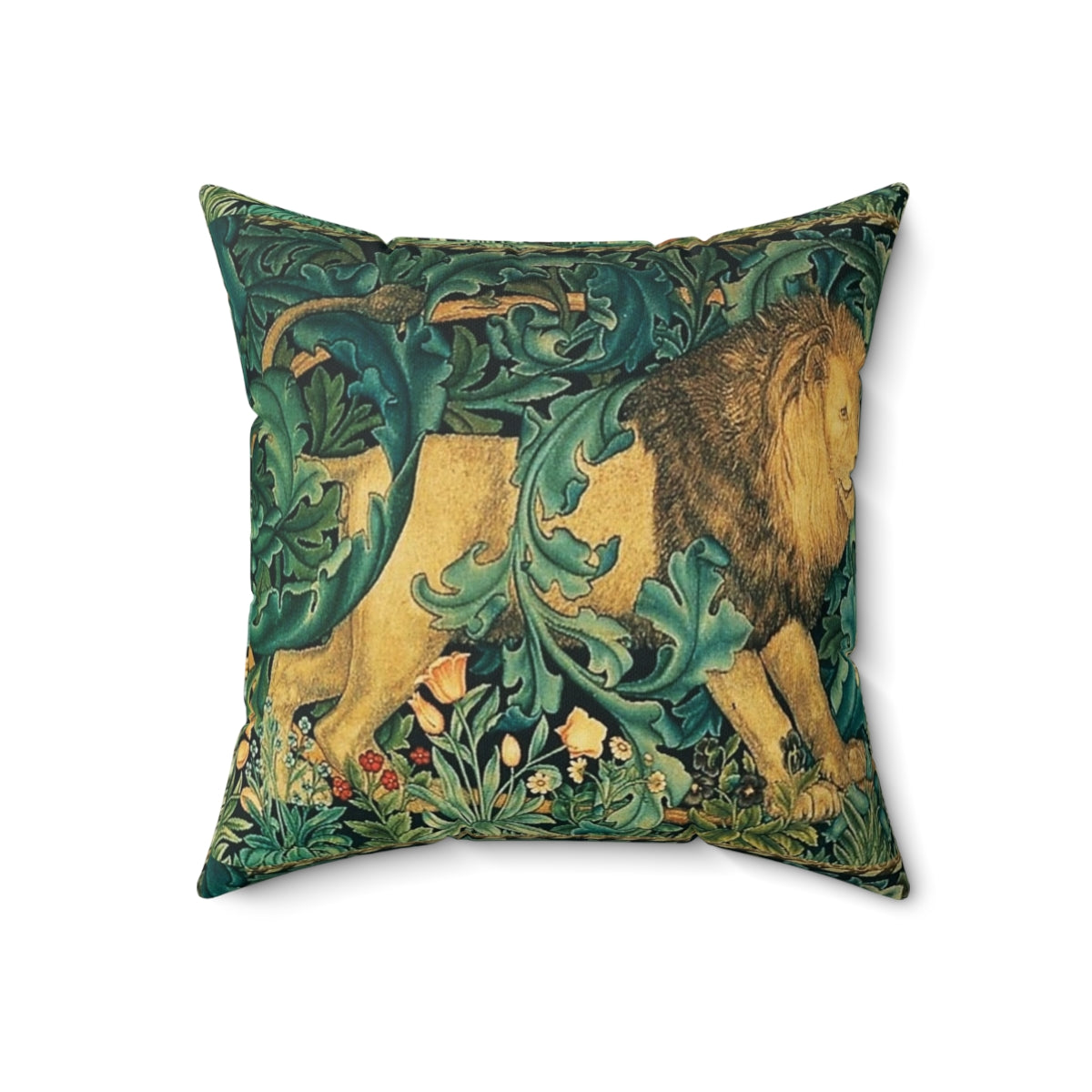 Vintage-inspired green pillow featuring a forest animal design, including a lion, on an antique-style tapestry background. - Back