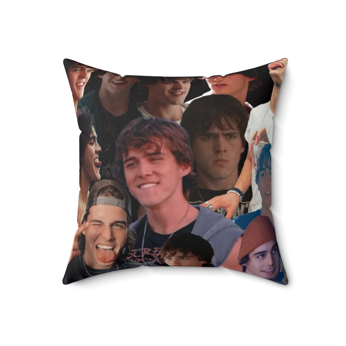 Colorful collage-style pillow featuring fan art of Charlie Gillespie and the cast of Phantoms - Back