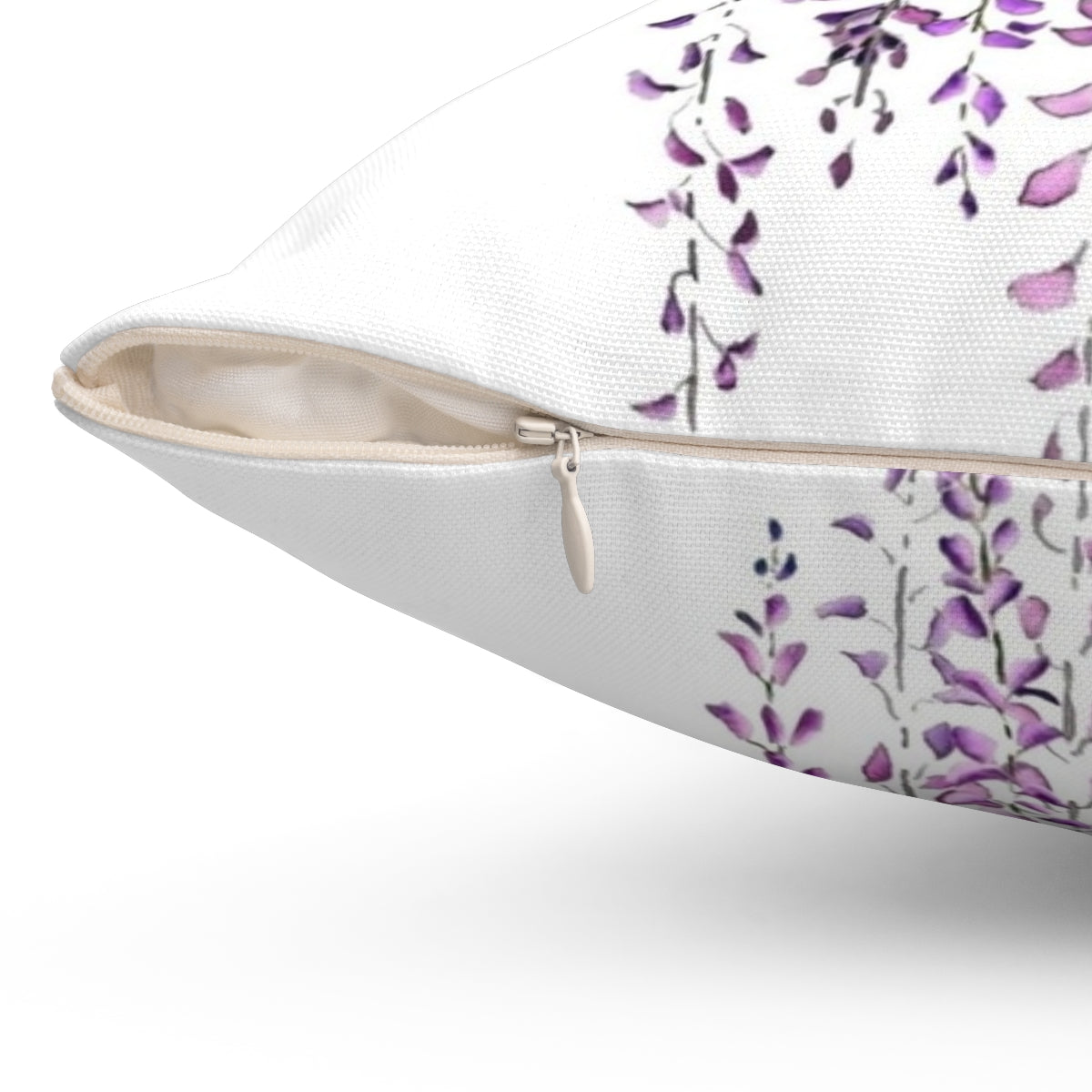 A vibrant hand-painted purple wisteria floral design on a pillow cover. - Detail