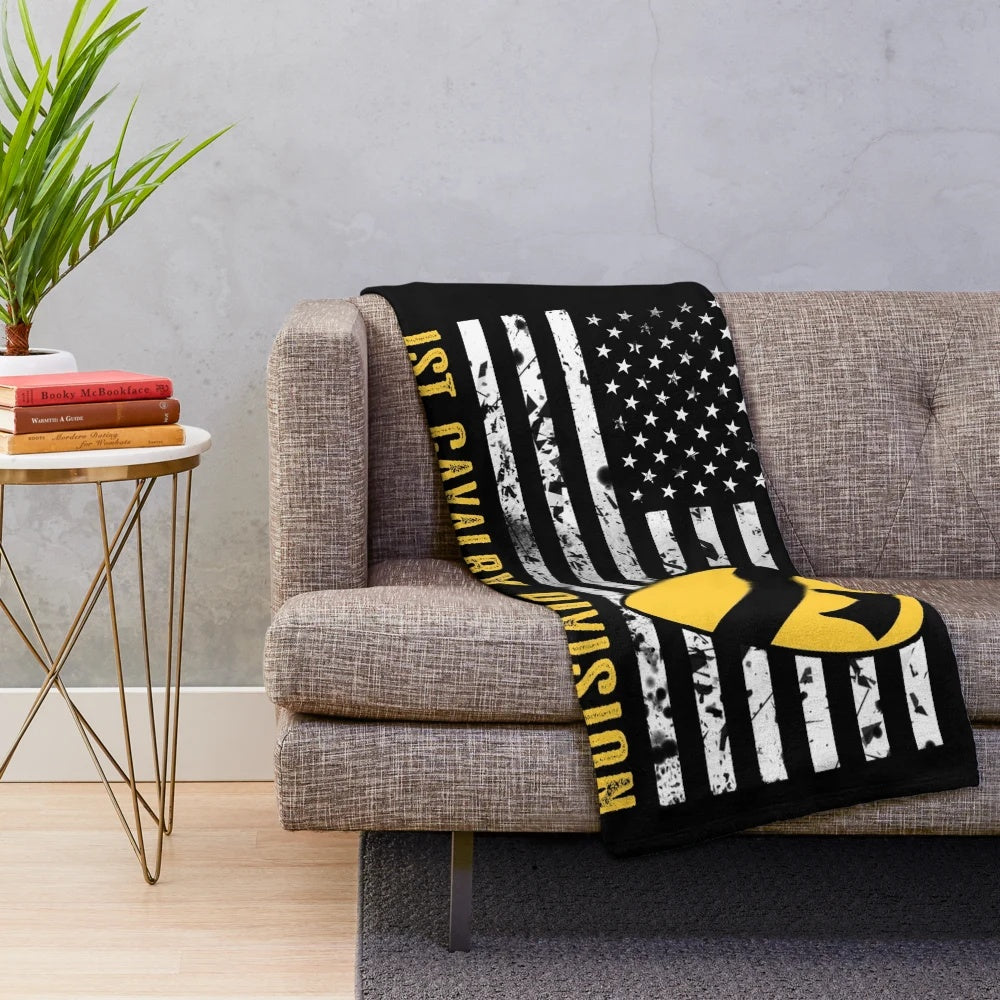 1st Cavalry Division inspired distressed American flag plush blanket