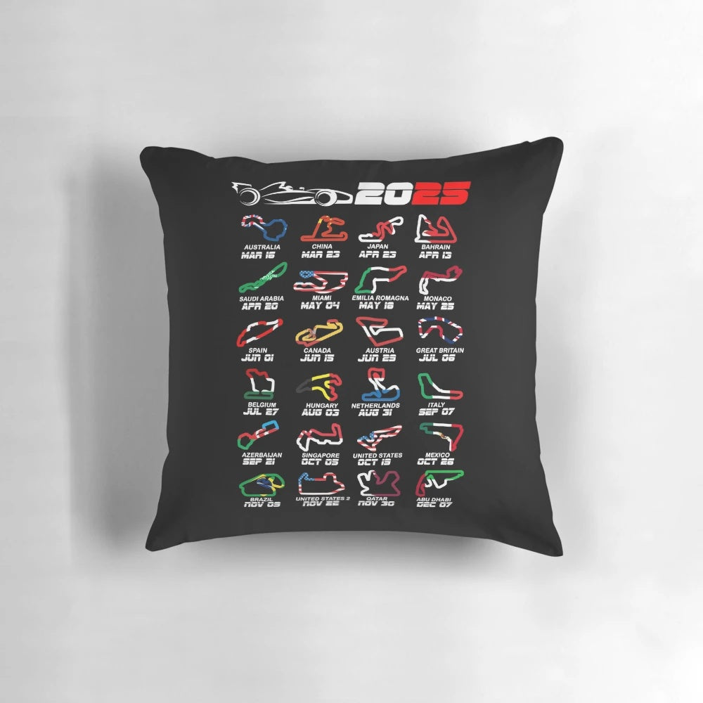 2025 Formula 1 calendar pillow featuring race circuit designs, driver names, and vibrant colors.