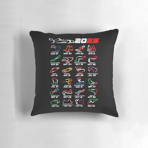 2025 Formula 1 calendar pillow featuring race circuit designs, driver names, and vibrant colors.