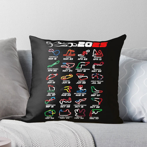 2025 Formula 1 calendar pillow featuring race circuit designs, driver names, and vibrant colors.