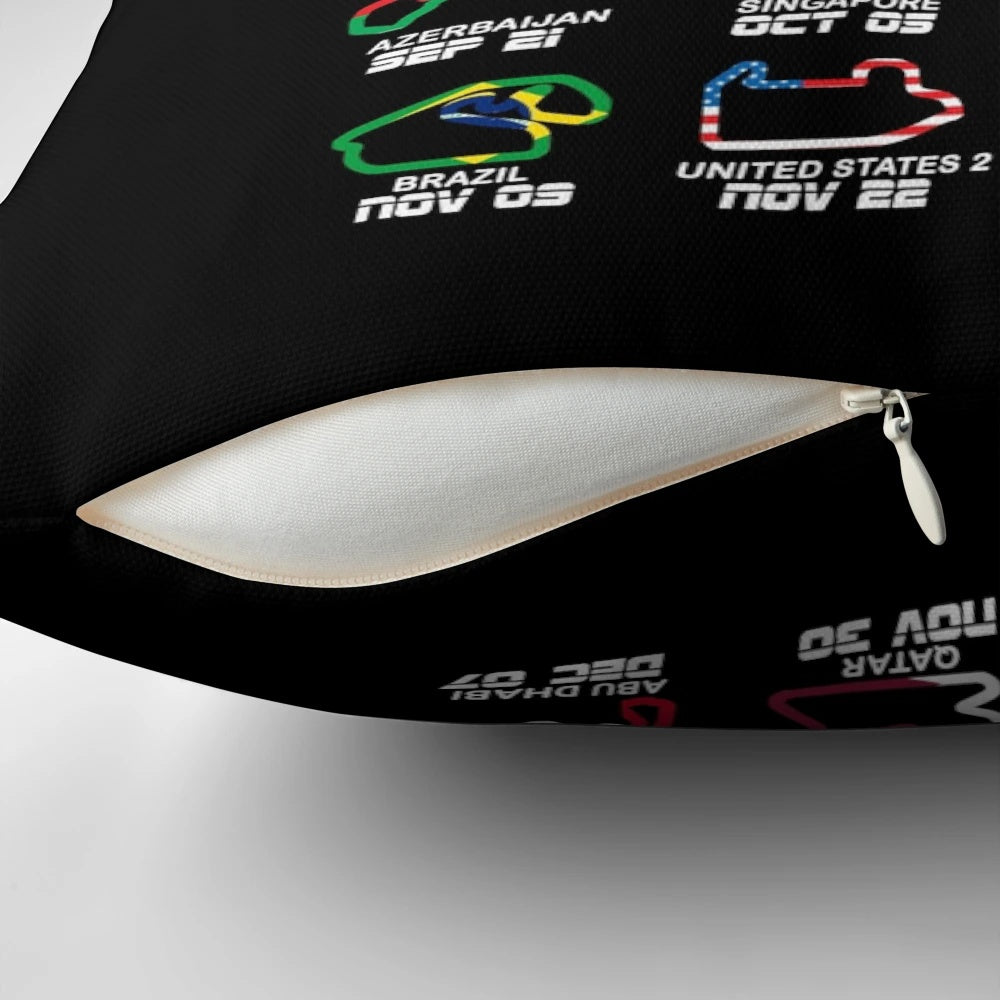 2025 Formula 1 calendar pillow featuring race circuit designs, driver names, and vibrant colors.
