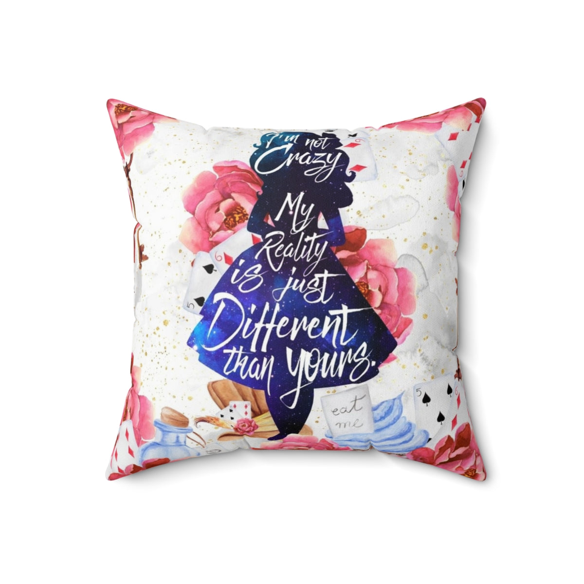 Decorative throw pillow featuring a quote from the classic Alice in Wonderland book - Back