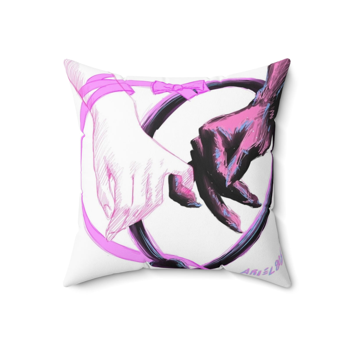 A soft, pastel-colored pillow with a detailed, hand-drawn demon illustration.