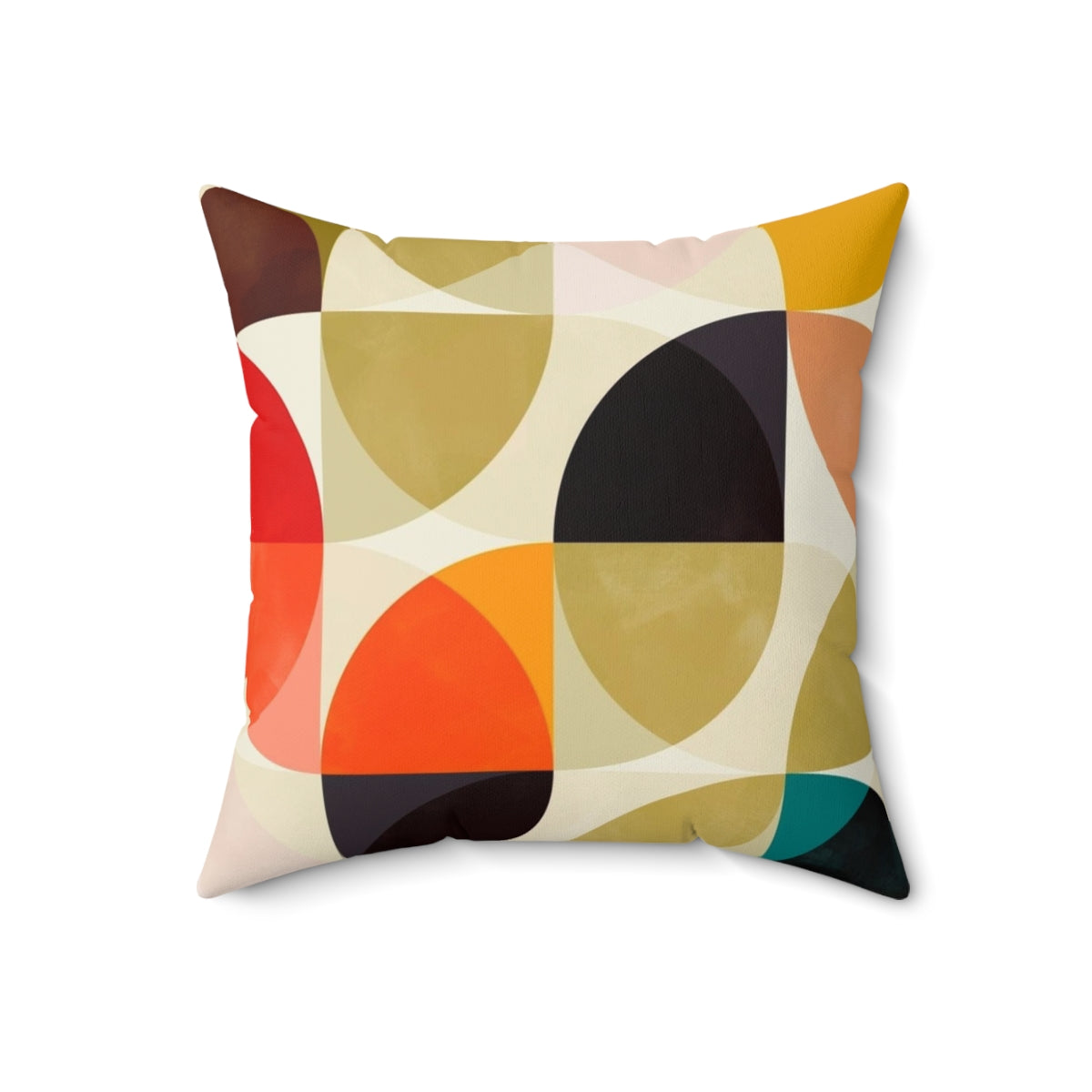 Set of four mid-century inspired throw pillows featuring geometric patterns in autumn colors.