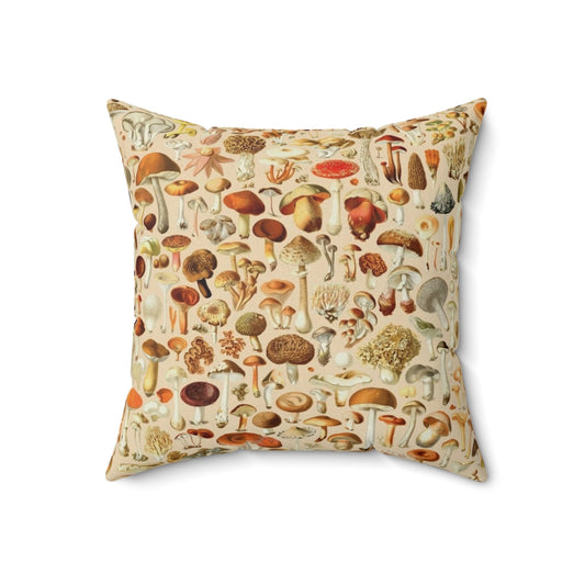 Vintage-inspired decorative pillow featuring a collection of mushroom designs in autumnal colors