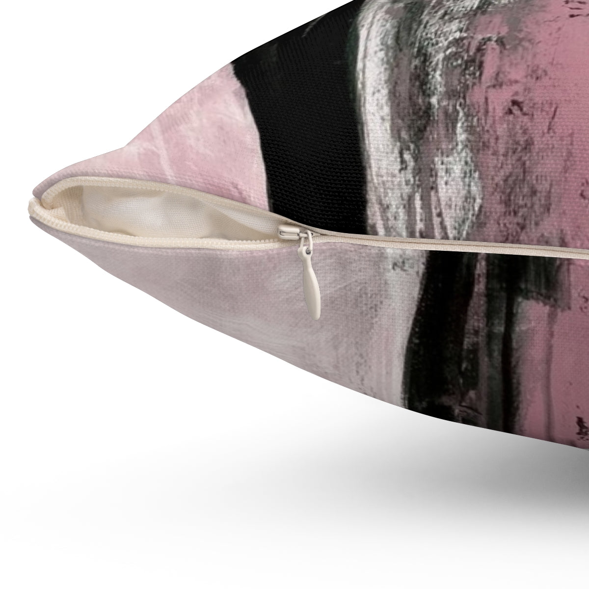 Handcrafted abstract art accent pillow in pink, black, and gray tones for modern and contemporary home decor - Detail