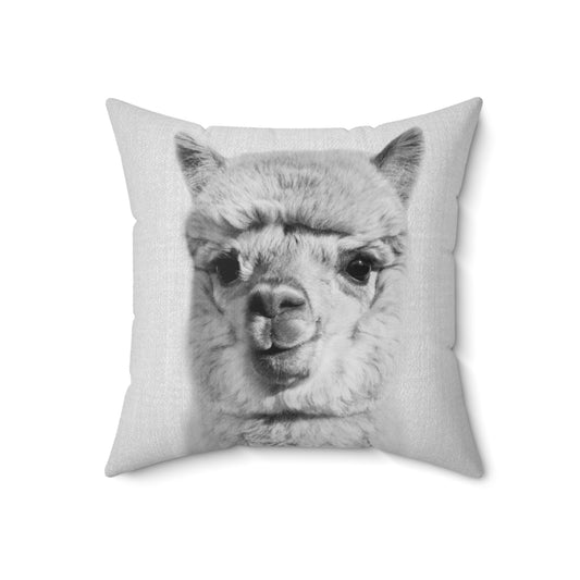 Alpaca-themed black and white decorative throw pillow with a whimsical, nature-inspired design.