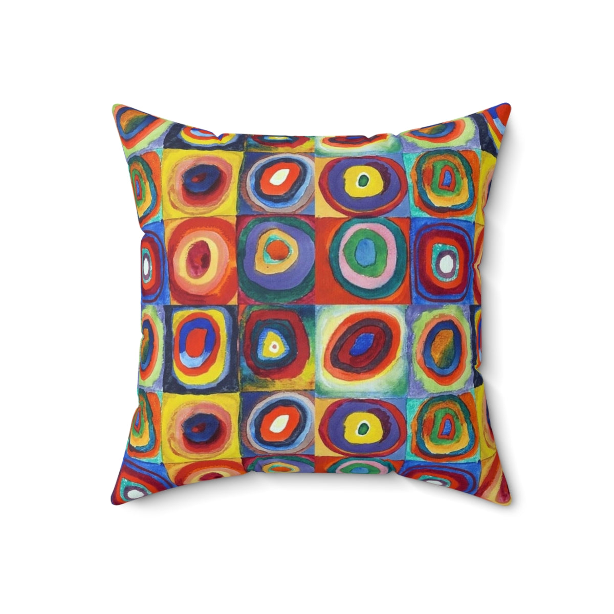 Colorful abstract art pillow featuring Wassily Kandinsky's "Color Study, Squares with Concentric Circles" design