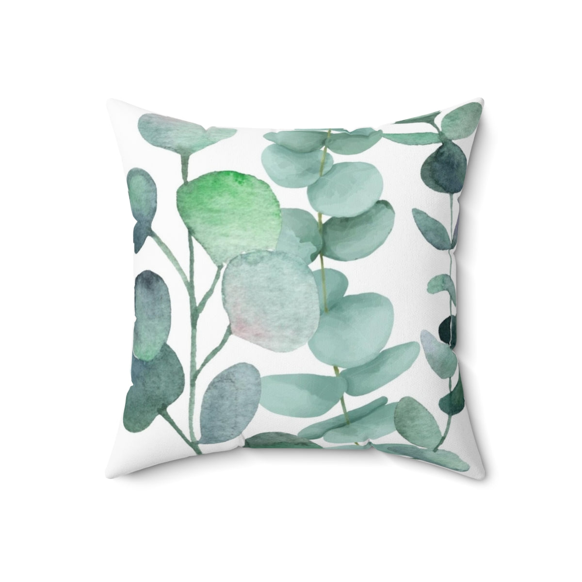 Watercolor painting of green eucalyptus leaves on a decorative cushion for home decor