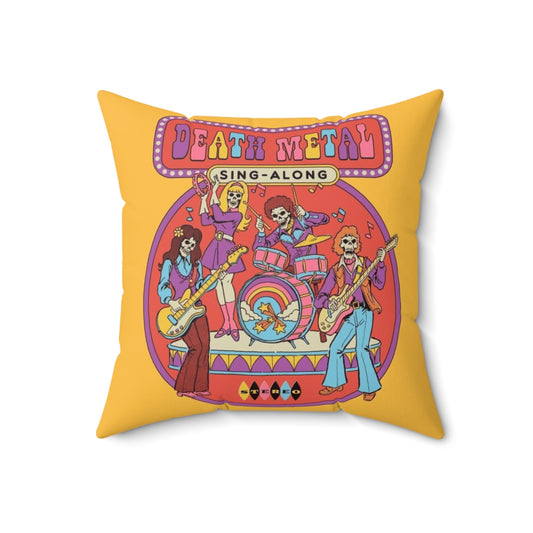 Retro-style death metal themed sing-along pillow with a skeleton design