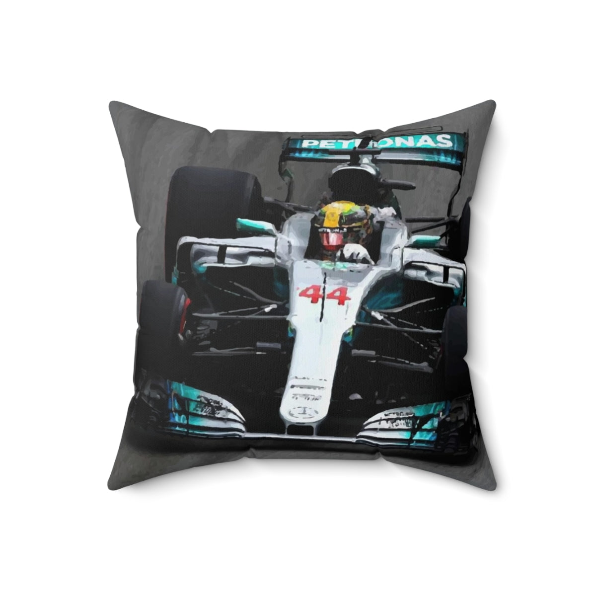 Vintage-style digital art illustration of a Formula 1 racing car on a decorative throw pillow