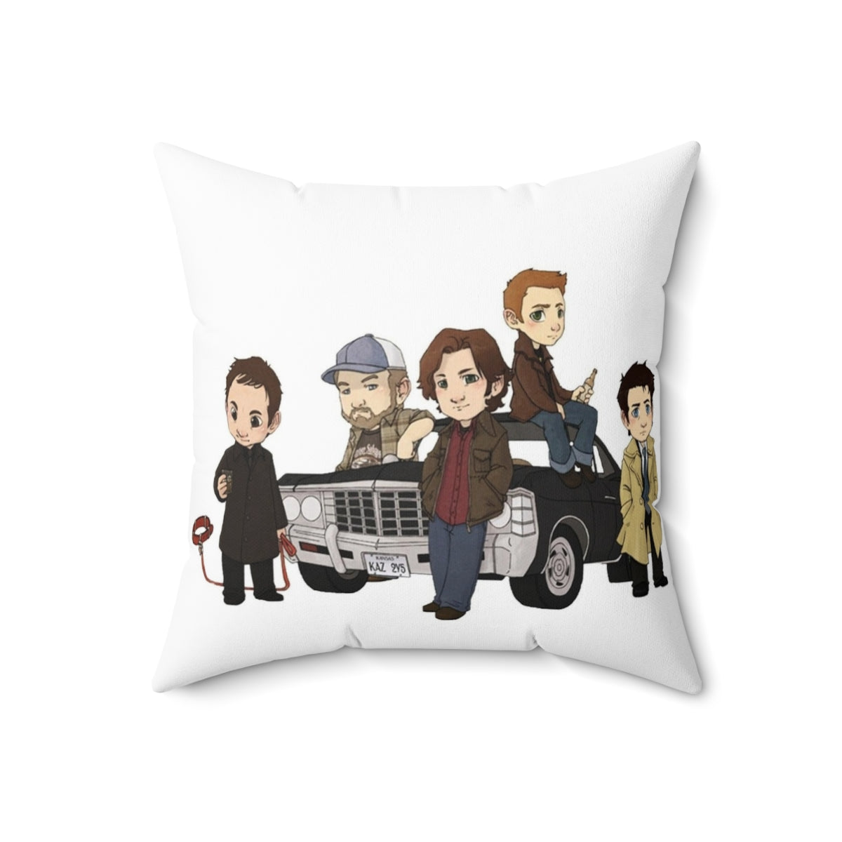 Supernatural-themed cartoon design throw pillow with Winchester brothers and other characters - Back