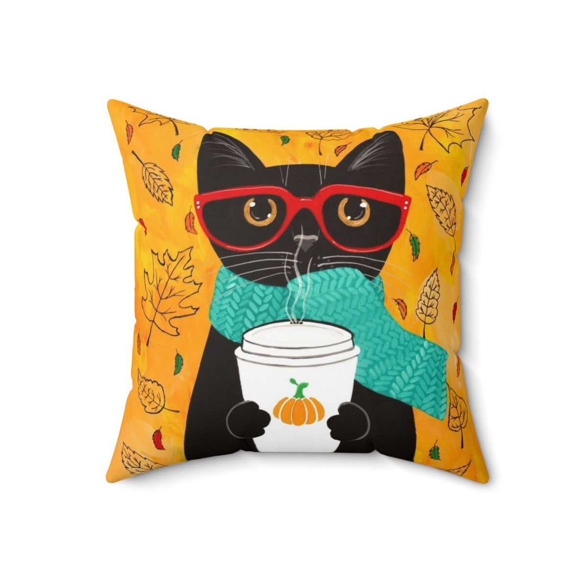 A cozy autumn-themed pillow featuring a cat wearing glasses and holding a pumpkin spice latte